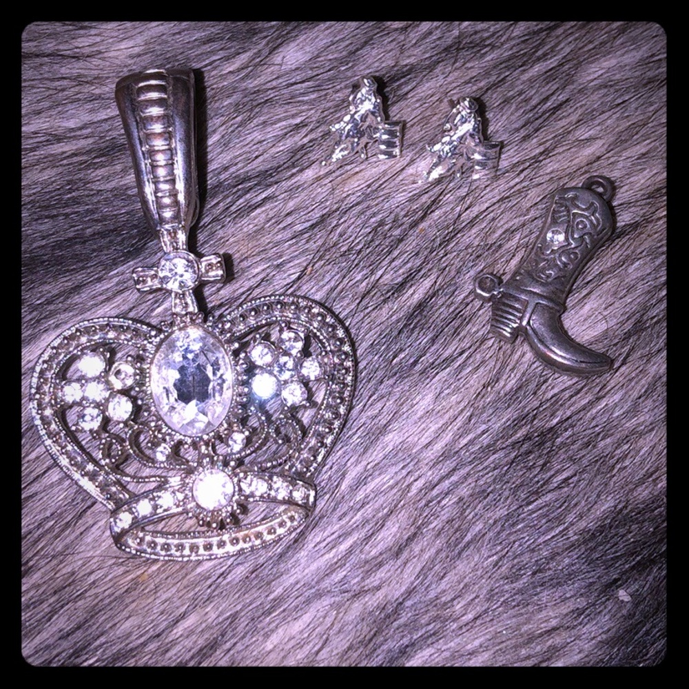 Pendant, necklace charm, and earrings